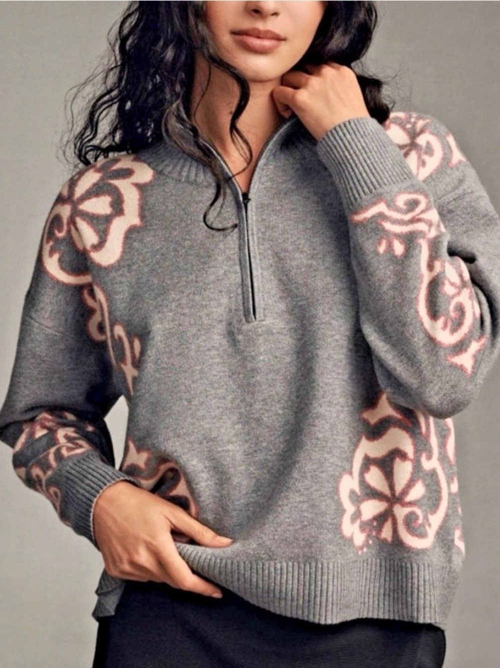 Anthro Maeve Montana Mock-Neck Half-Zip Floral Sweater S